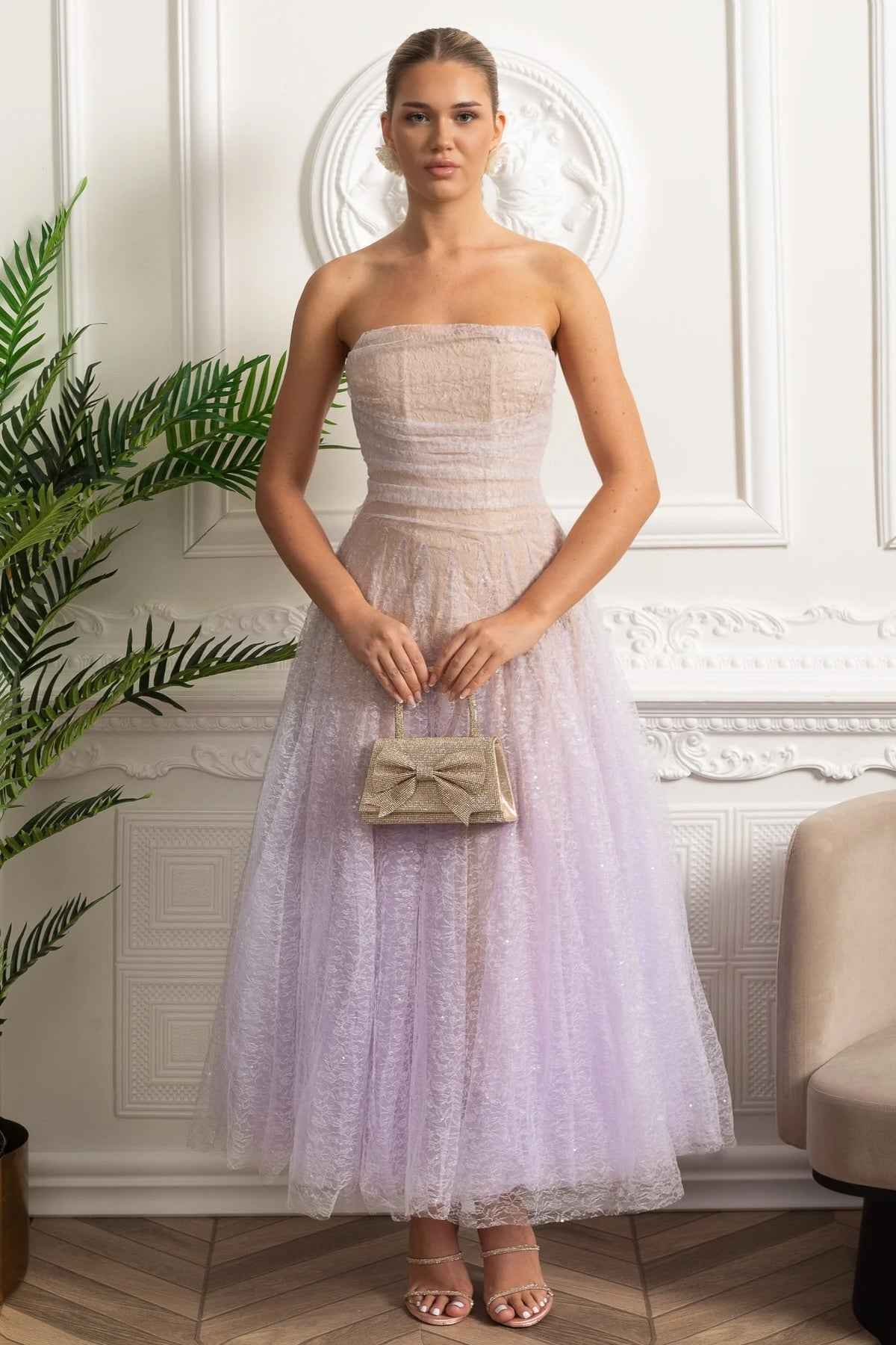 STRAPLESS FITTED MIDI COCKTAIL PARTY DRESS