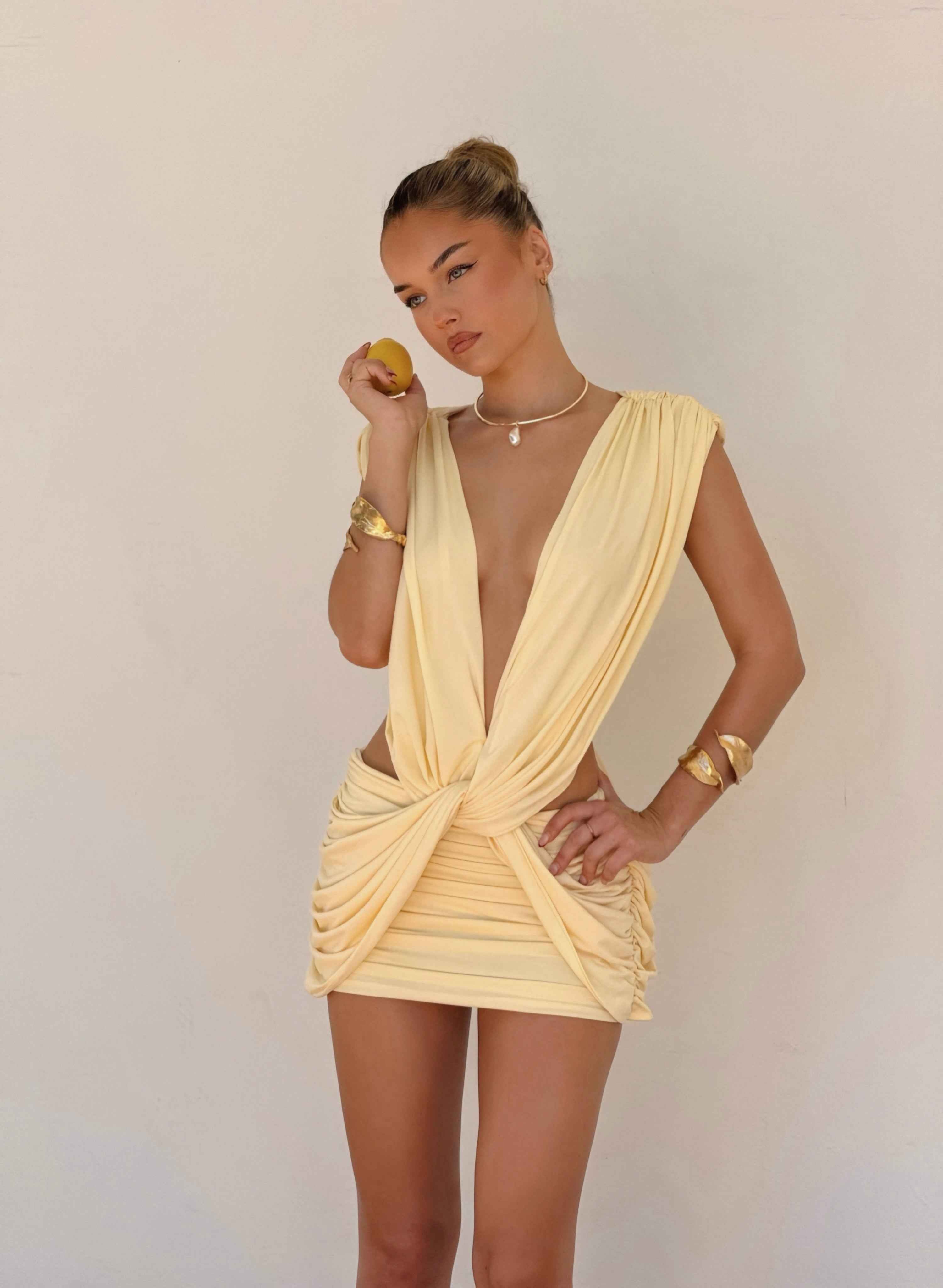 Lilou Mini Dress - Lemon Yellow Knotted Waist