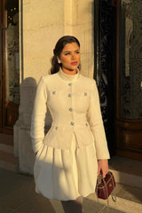 Textured Mini Dress with Crystal Button Embellishments Ivoire