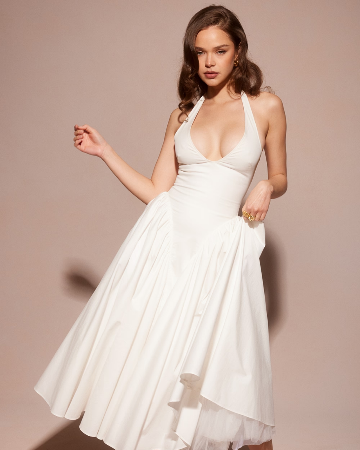 Monroe halter tulle midi summer evening dress - White