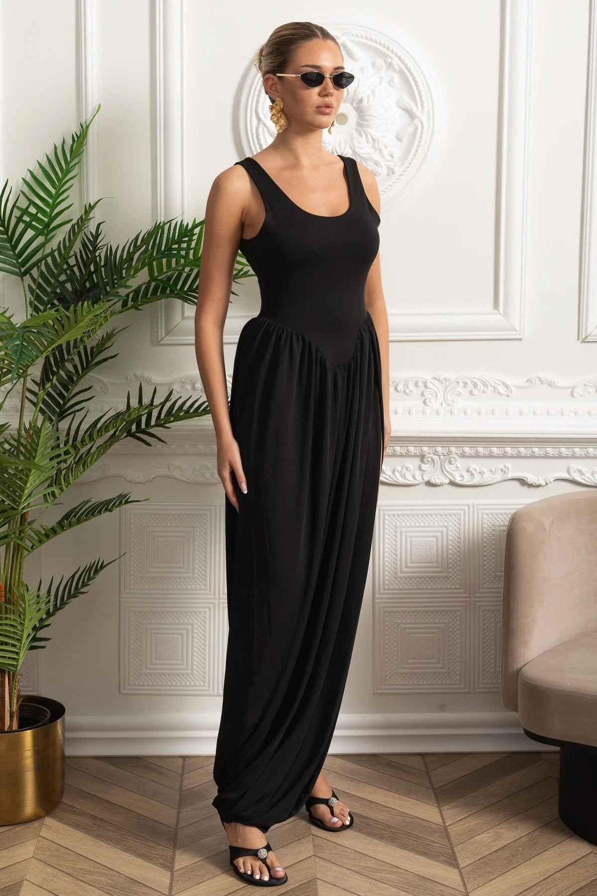 Draped Maxi Dress With Sculptural Skirt And Side Slit - Black