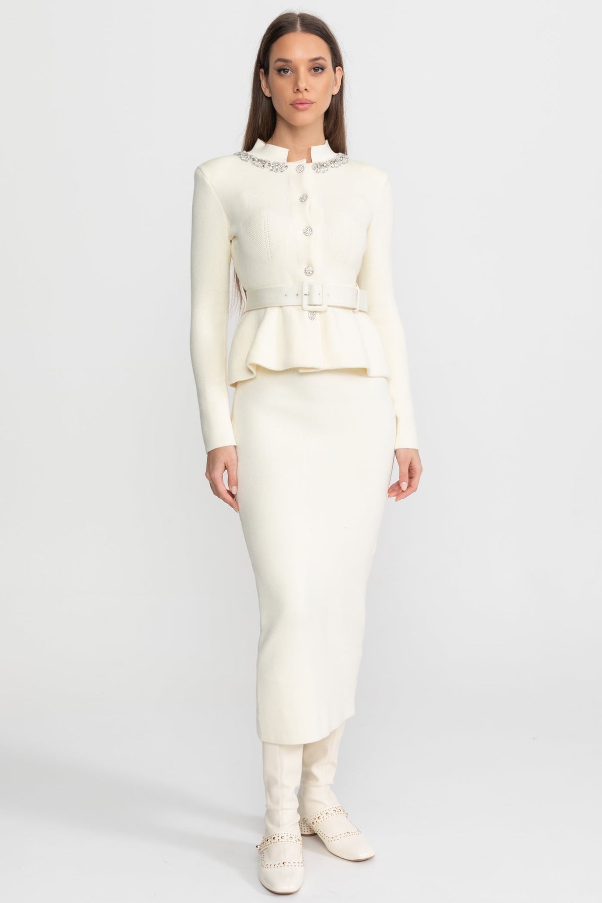 Midi Dress with Peplum Waist and Crystal Collar Ivoire