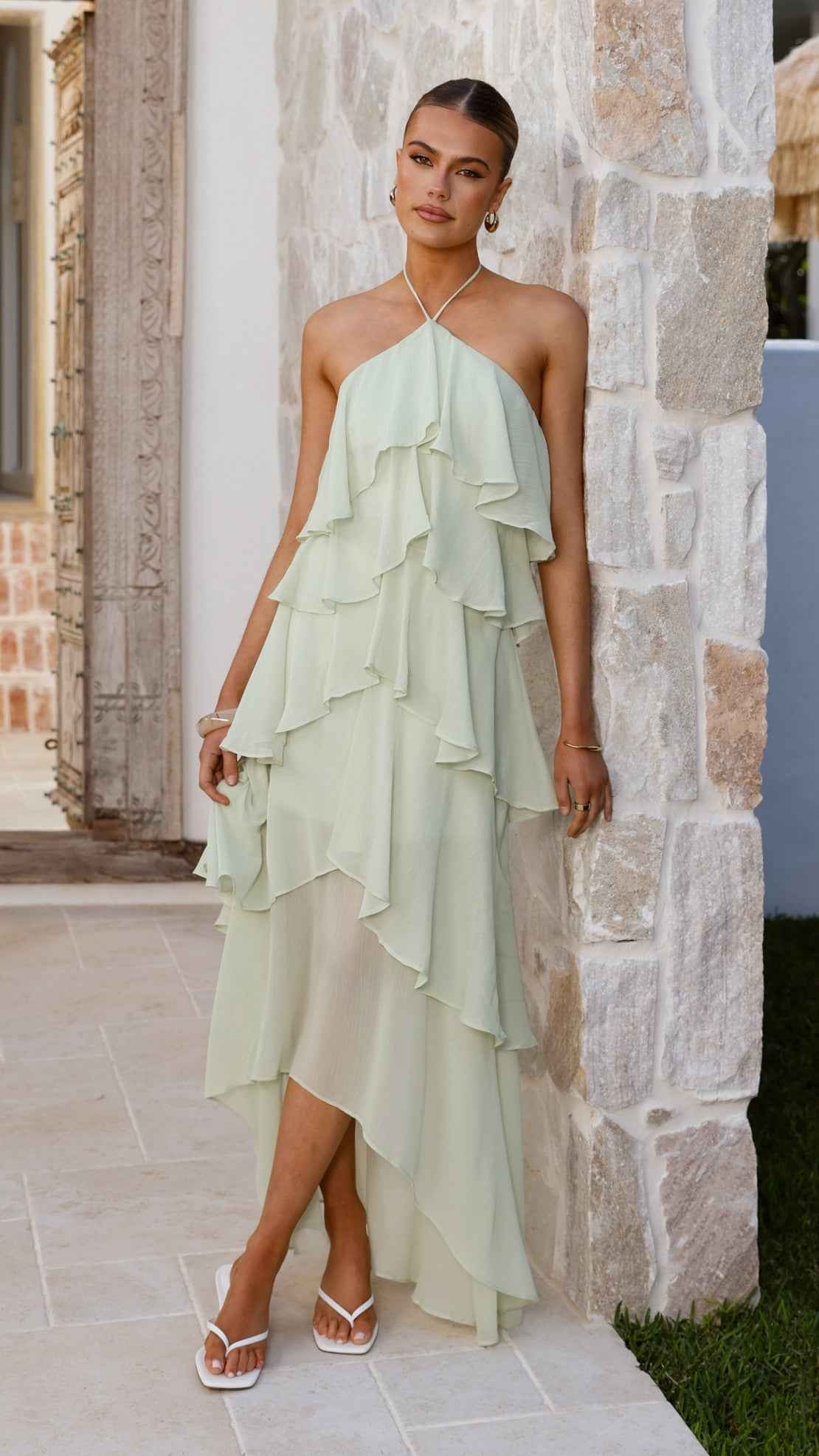 HALTER FRILL MAXI EVENING PARTY DRESS