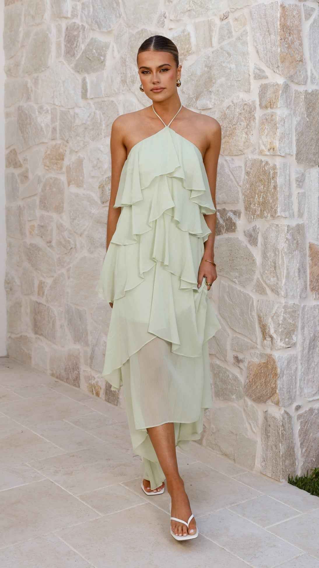 HALTER FRILL MAXI EVENING PARTY DRESS