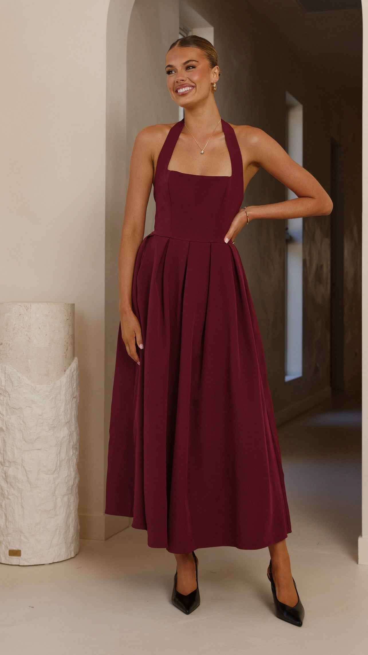 HALTER SQUARE-NECK MAXI EVENING FORMAL DRESS