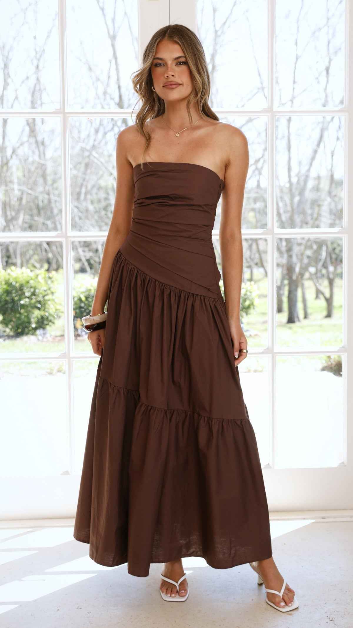 STRAPLESS RUCHED MAXI EVENING DRESS