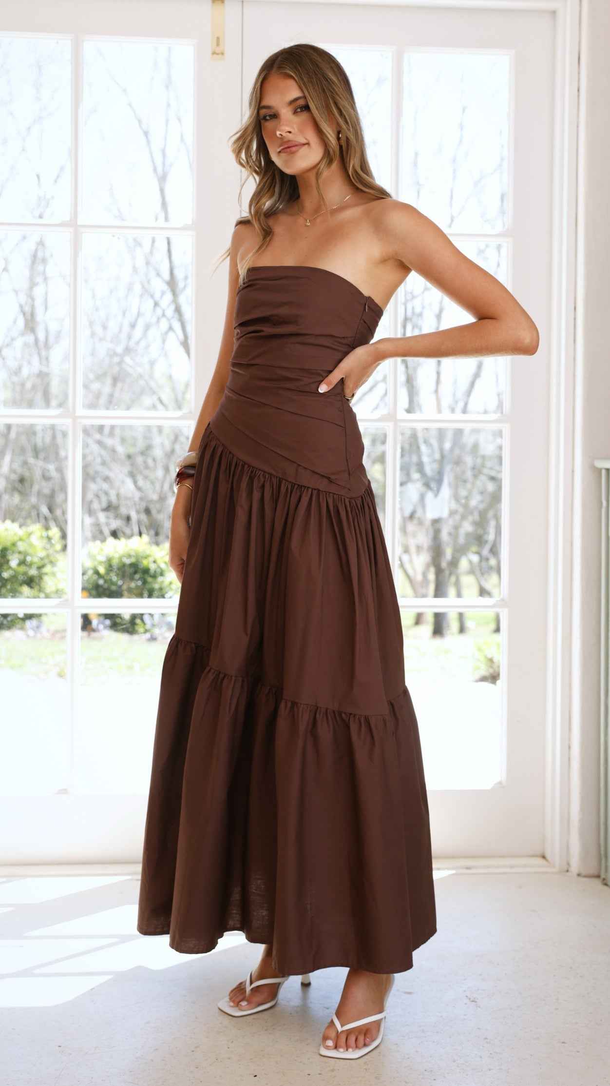 STRAPLESS RUCHED MAXI EVENING DRESS