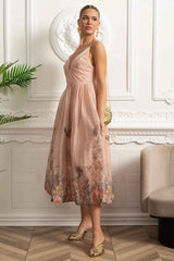Ruched Bodice Strappy Midi Dress with Smocked Back and Gathered Skirt- Blush