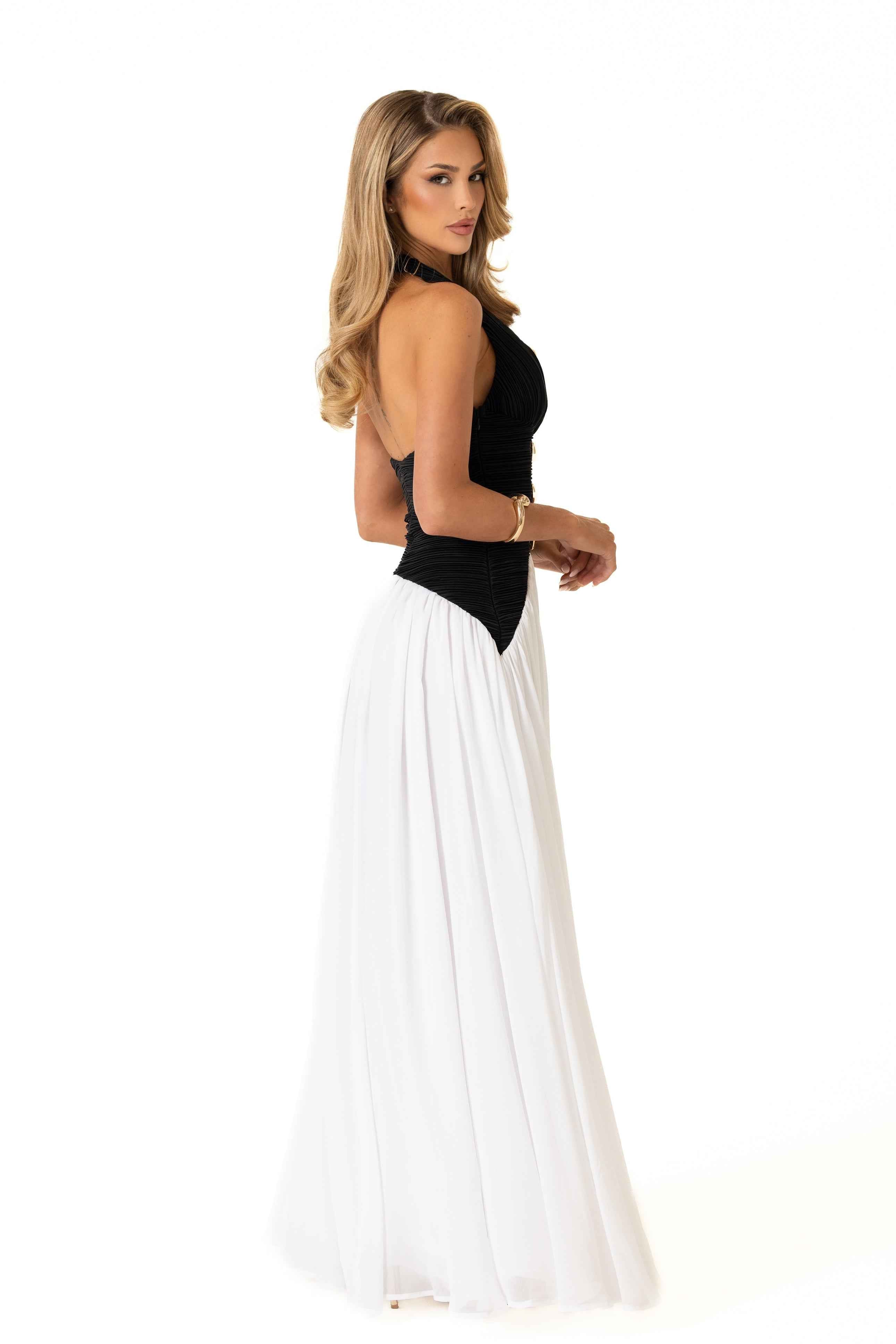 Elena Midi Dress - Black Pleated Halter