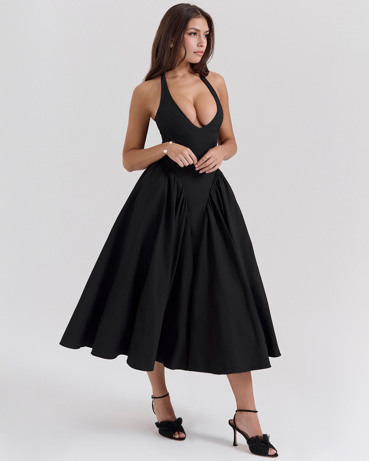 Monroe halter tulle midi summer evening dress - White