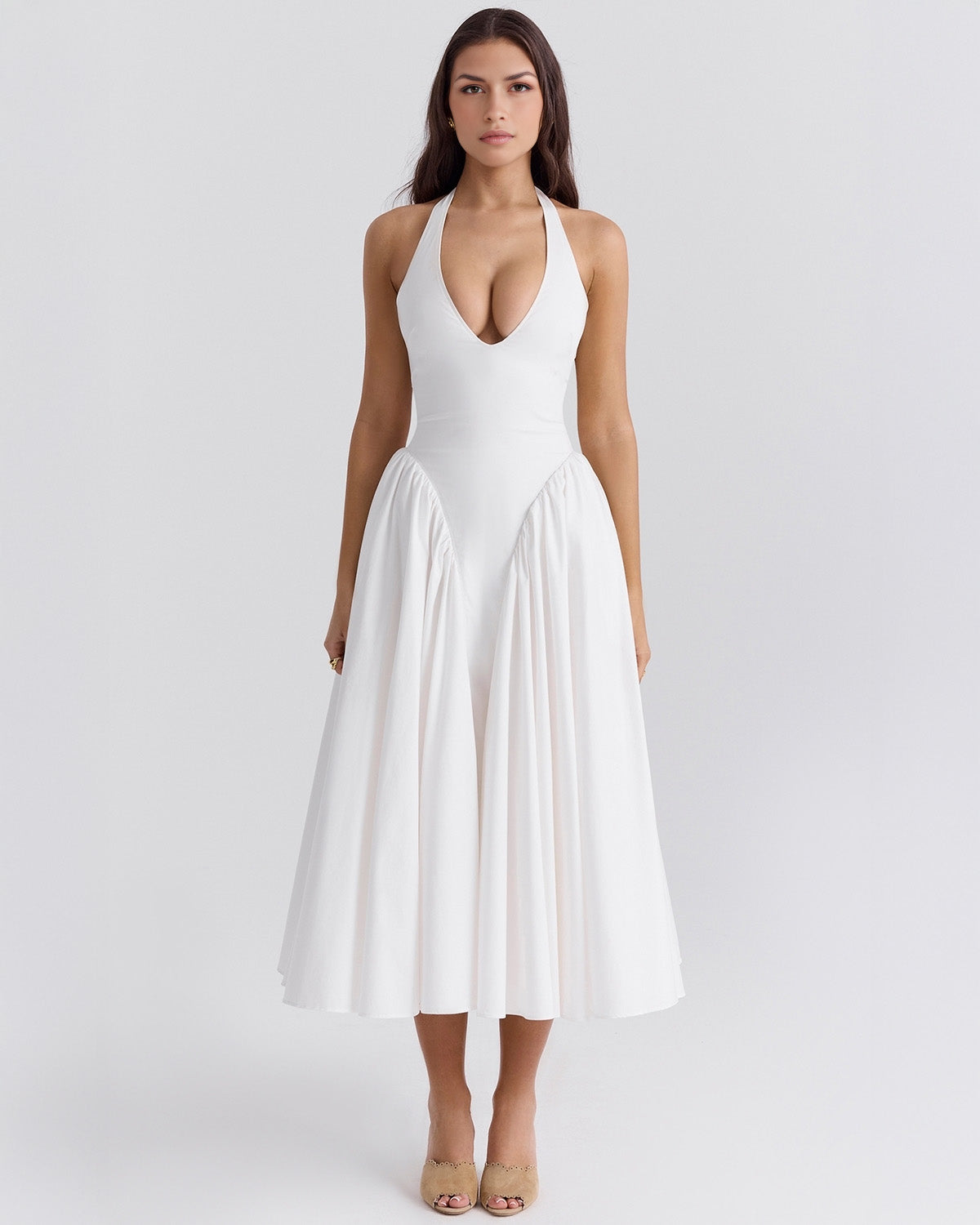 Monroe halter tulle midi summer evening dress - White