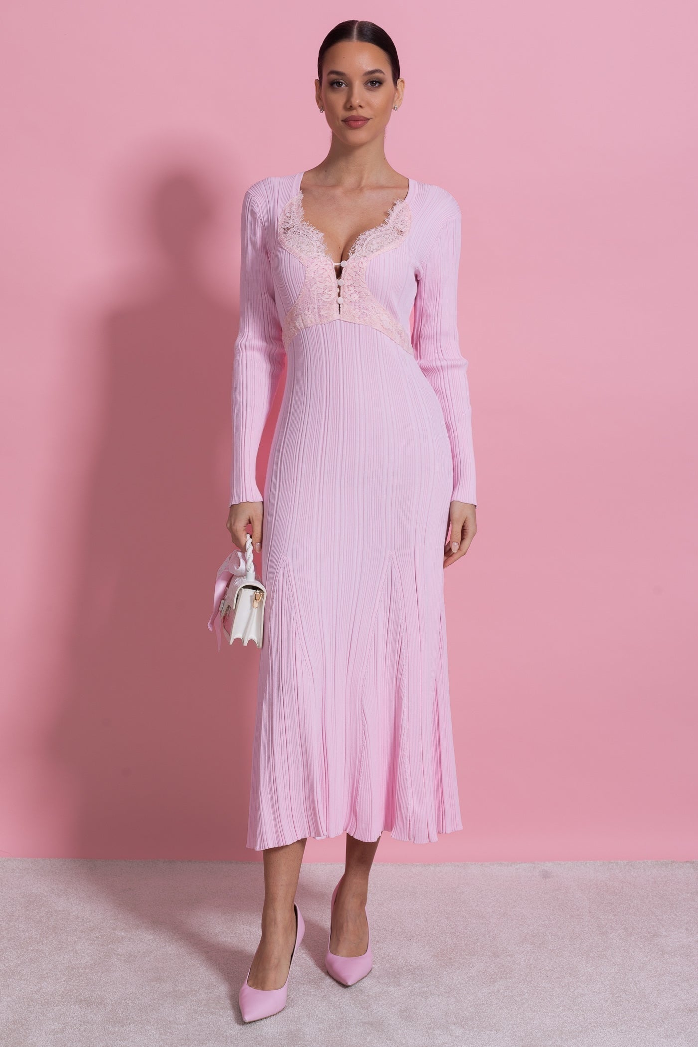 Ribbed Long Sleeve Midi Dress With Lace-Trim V-Neckline - Baby Pink