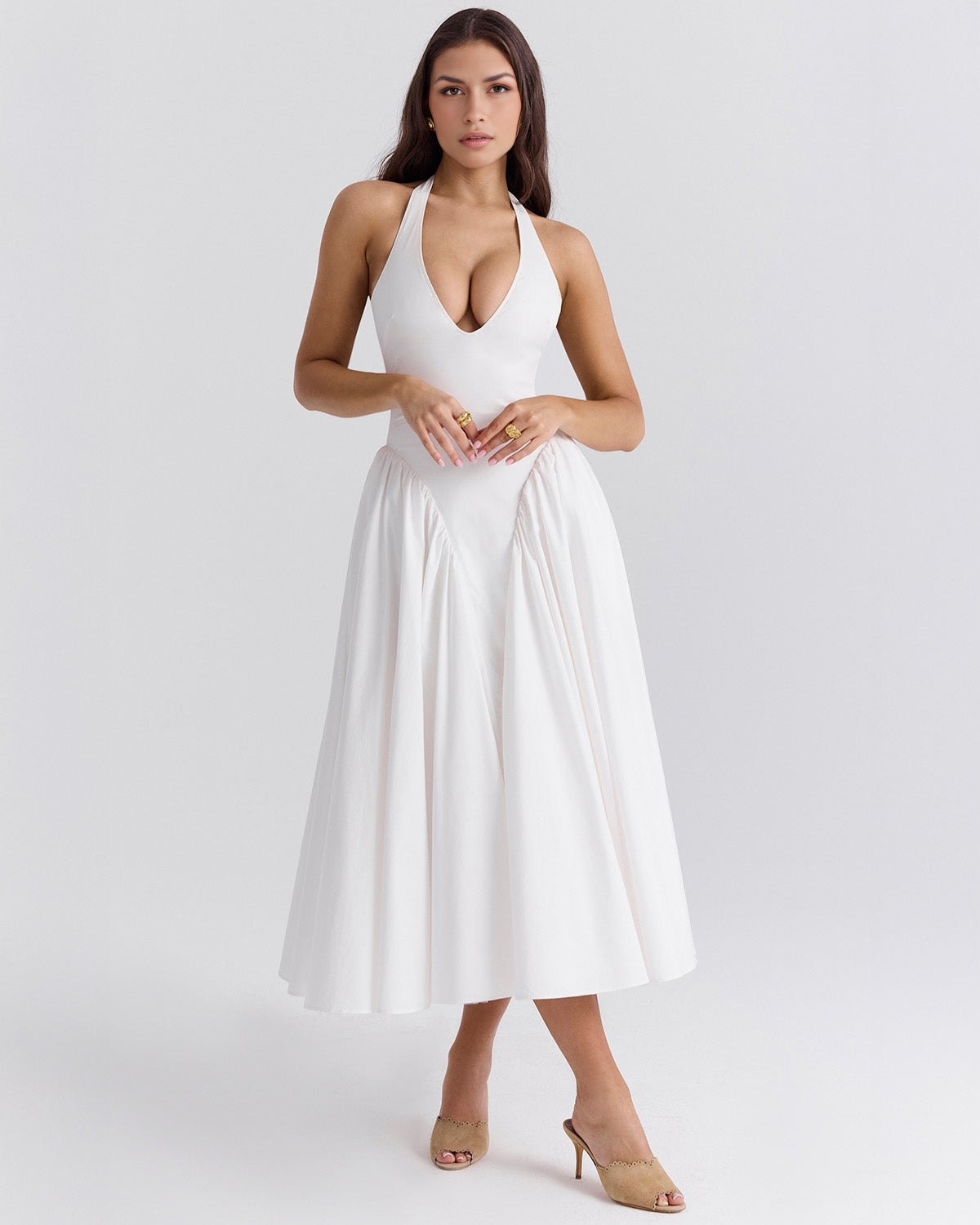 Monroe halter tulle midi summer evening dress - White