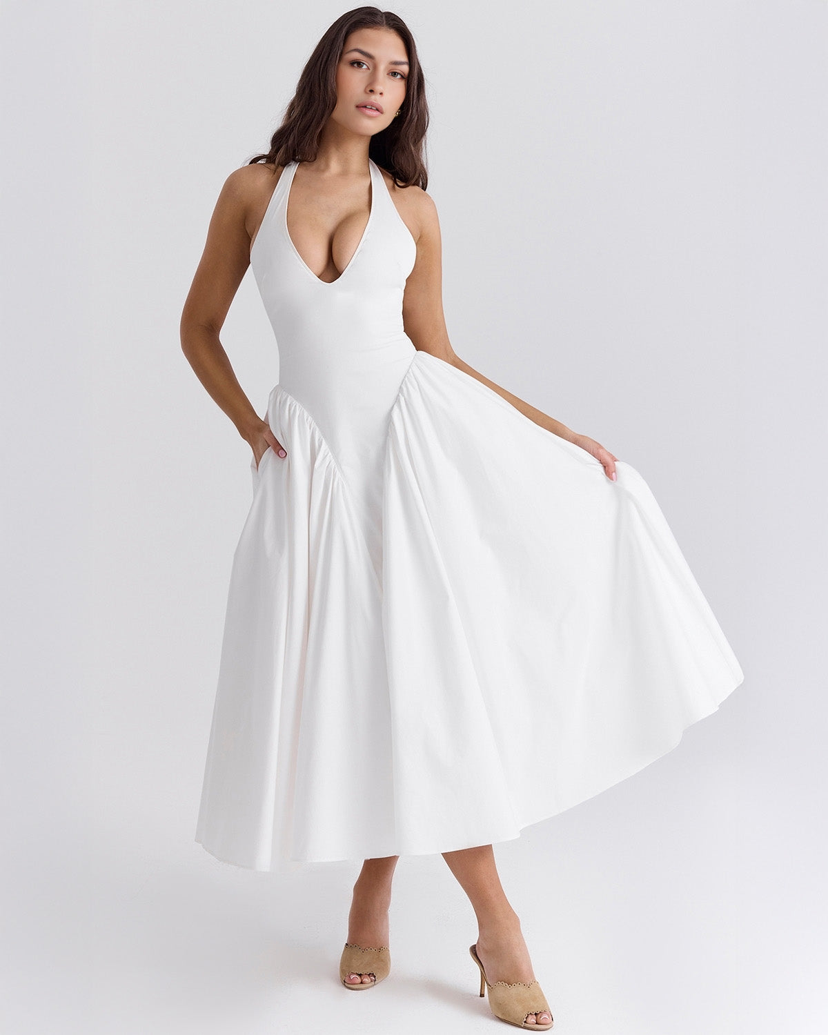 Monroe halter tulle midi summer evening dress - White