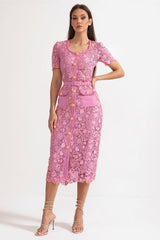 Exquisite Short Sleeve Lace Midi Dress - Rose