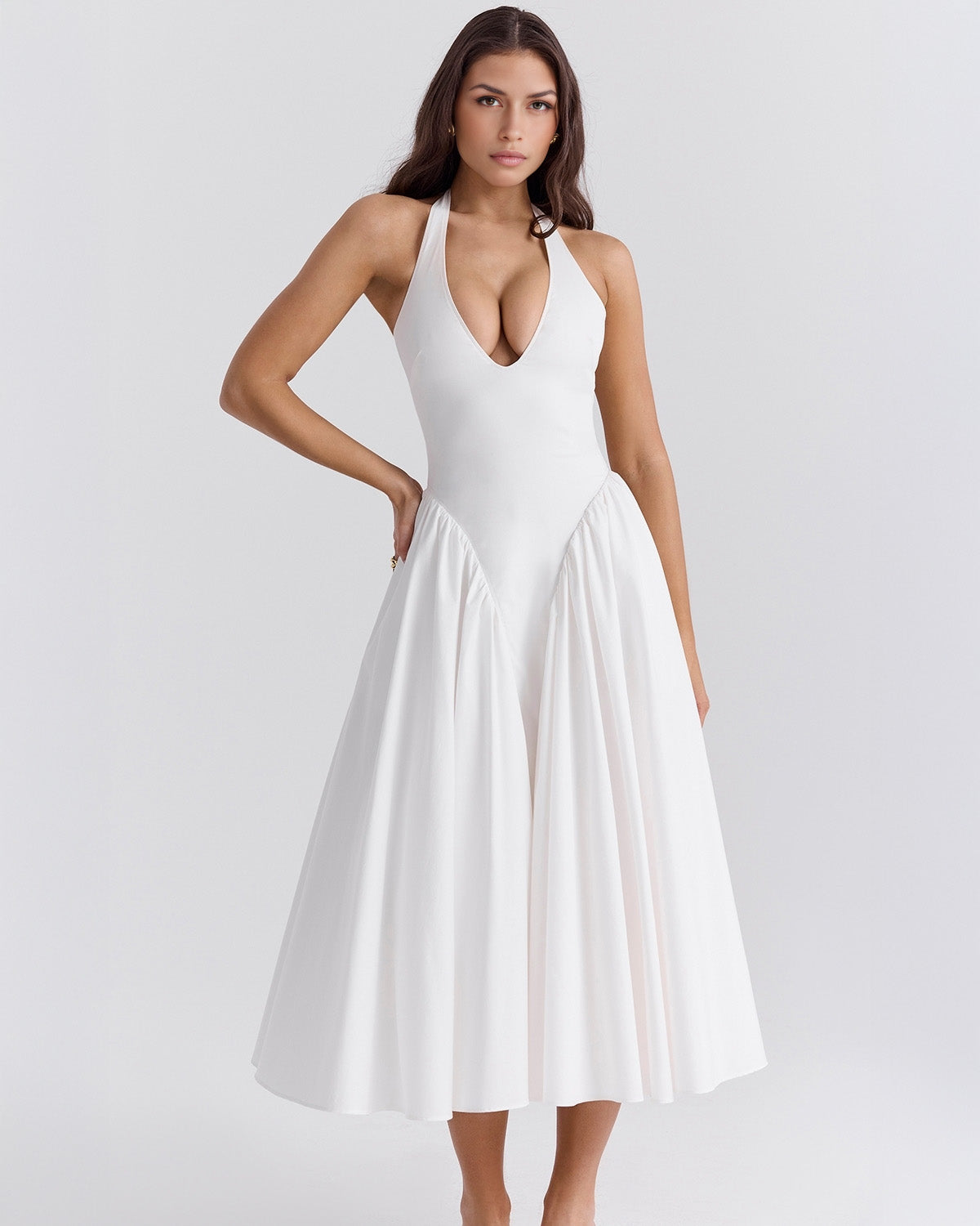 Monroe halter tulle midi summer evening dress - White