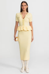 Textured Knit Midi Dress with Peplum Waist Detail Yellow