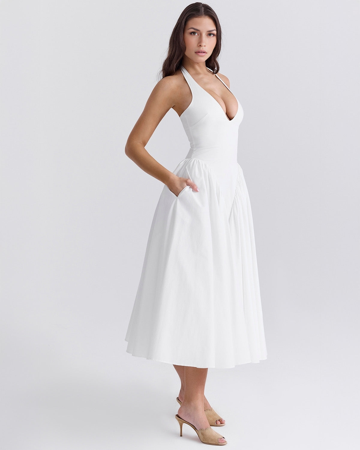 Monroe halter tulle midi summer evening dress - White