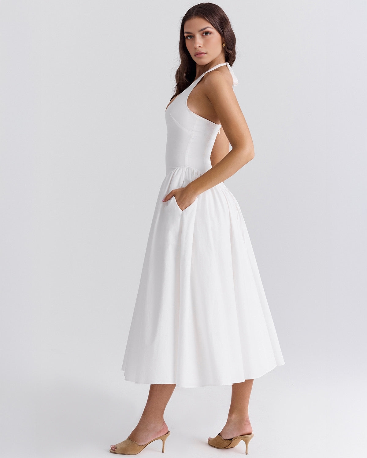 Monroe halter tulle midi summer evening dress - White