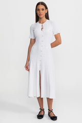 Knit Button-Front Midi Dress with Scalloped Sleeves White