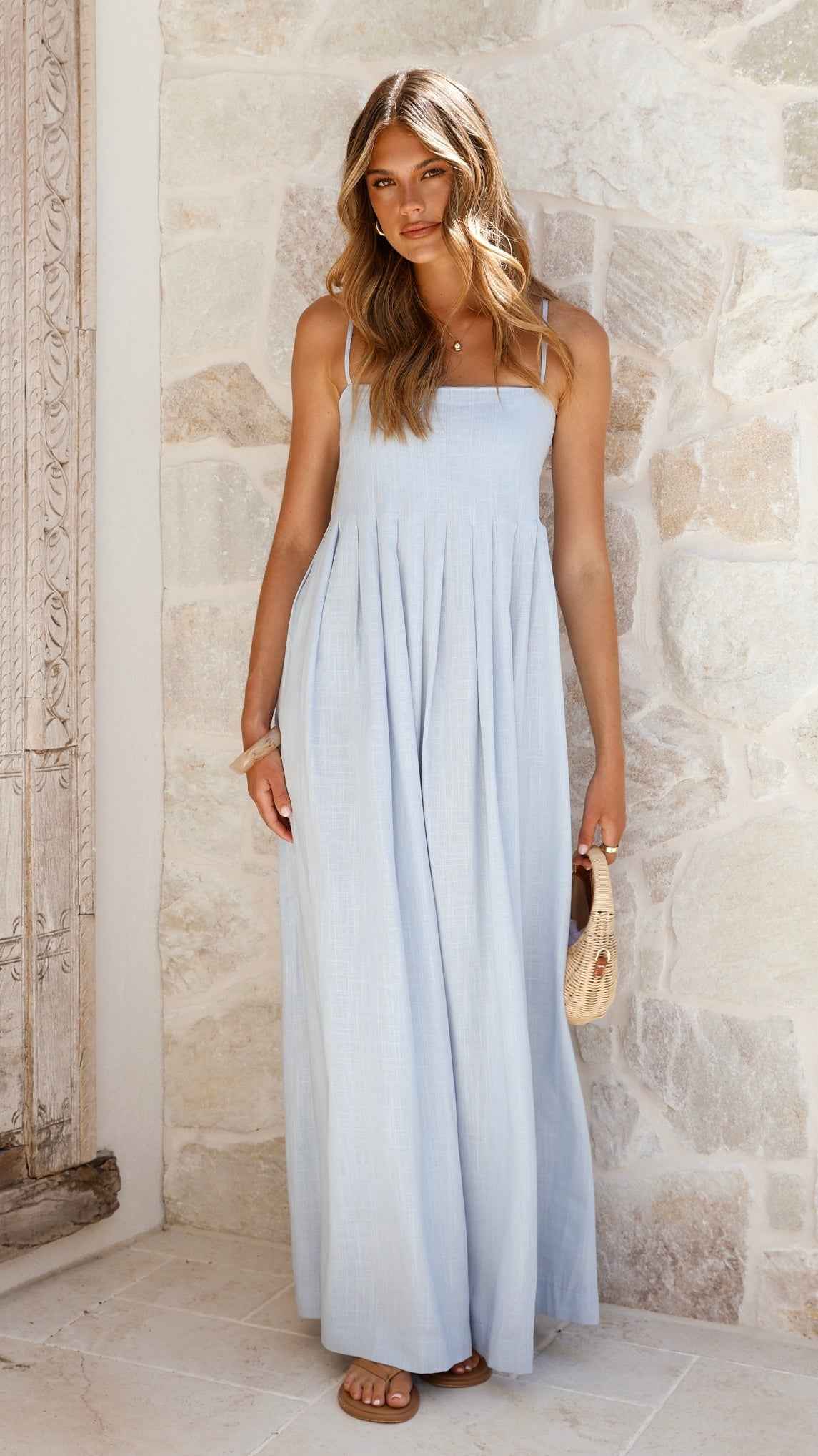 PLEATED SHIRRED MAXI CASUAL SUMMER DRESS