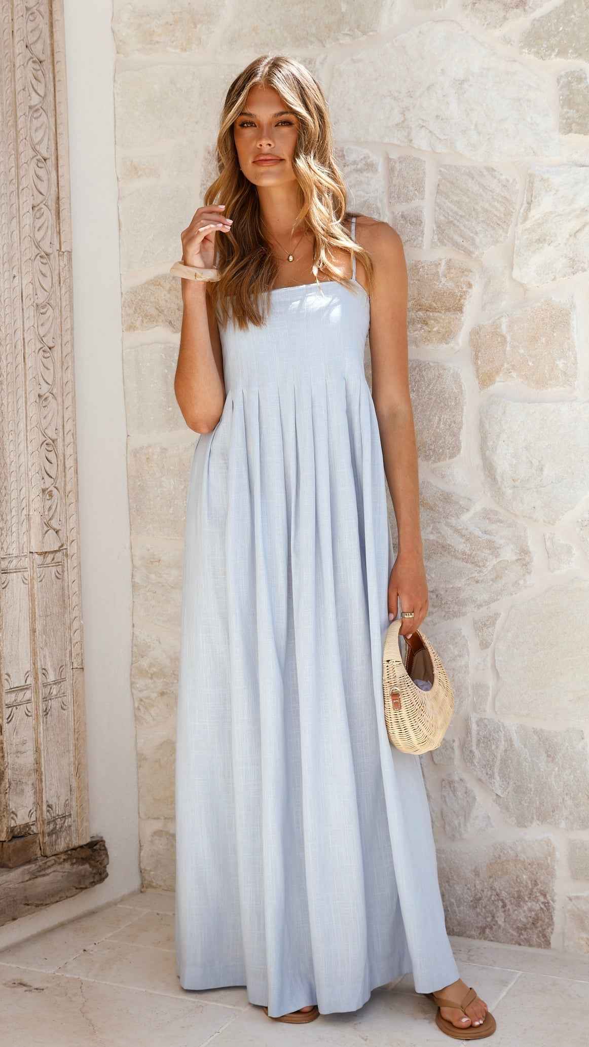 PLEATED SHIRRED MAXI CASUAL SUMMER DRESS