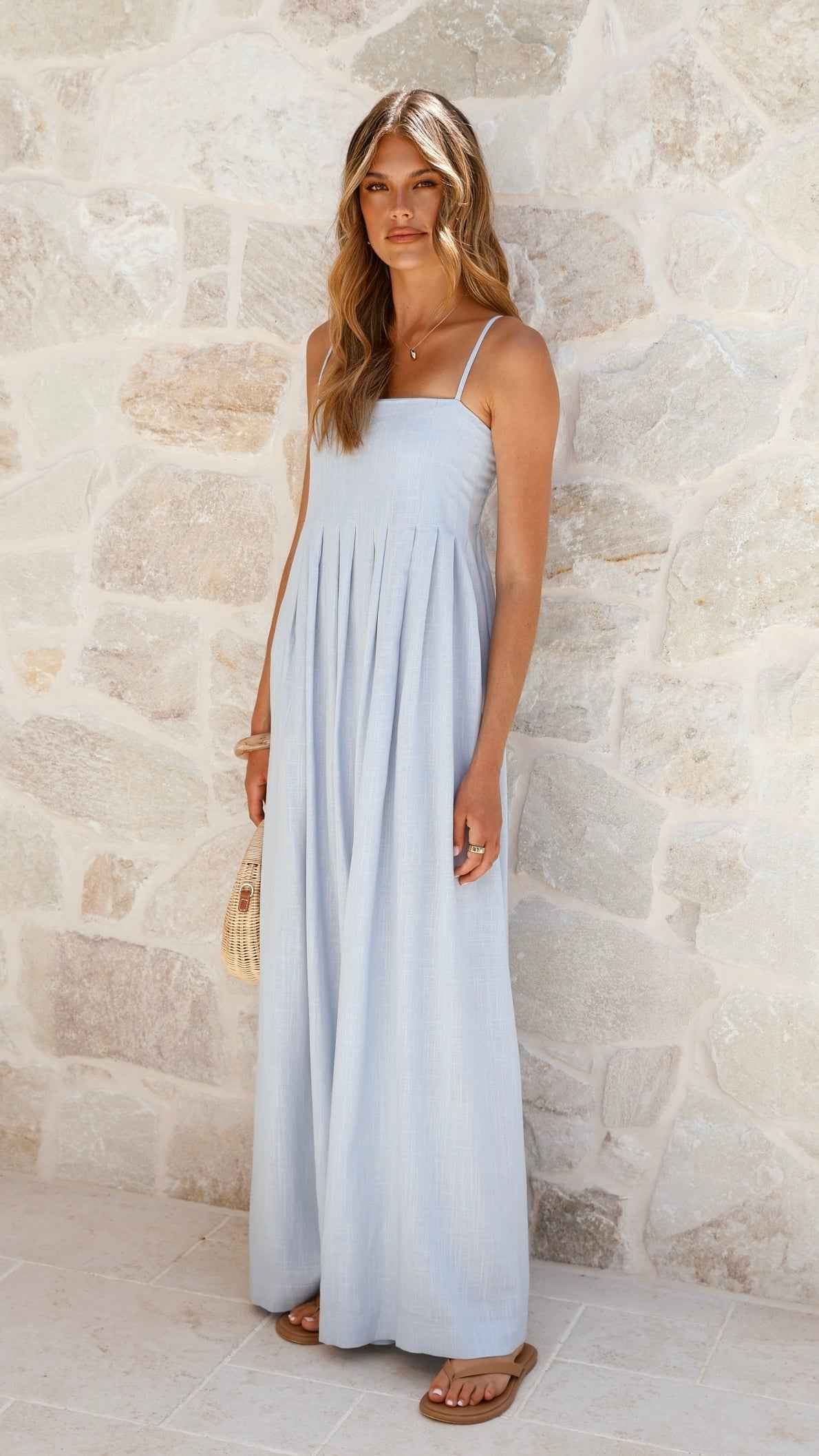 PLEATED SHIRRED MAXI CASUAL SUMMER DRESS