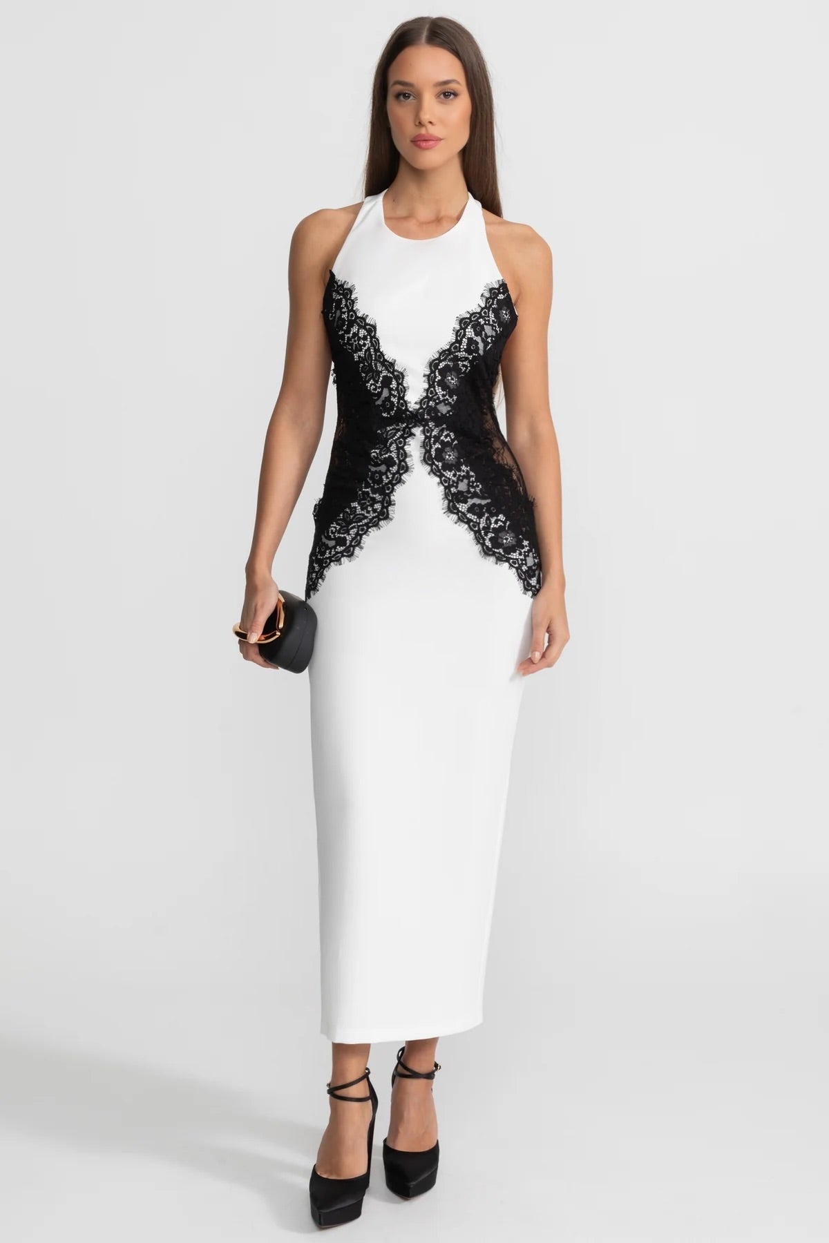 Halter Maxi Dress with Contrast Lace Panels White