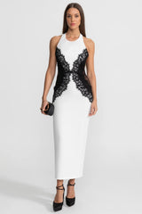 Halter Maxi Dress with Contrast Lace Panels White