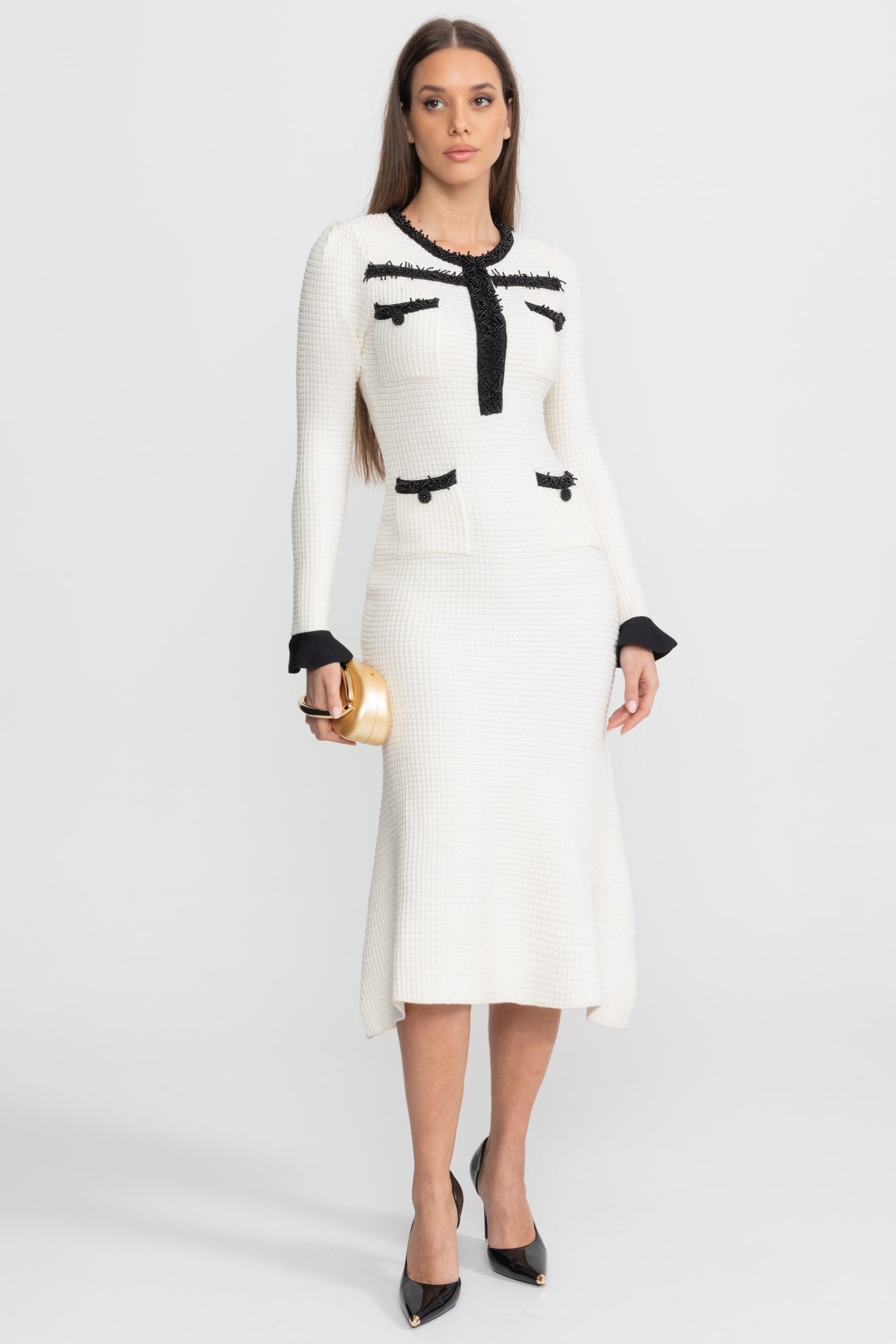 Textured Midi Dress with Contrast Embroidered Trim Ivoire