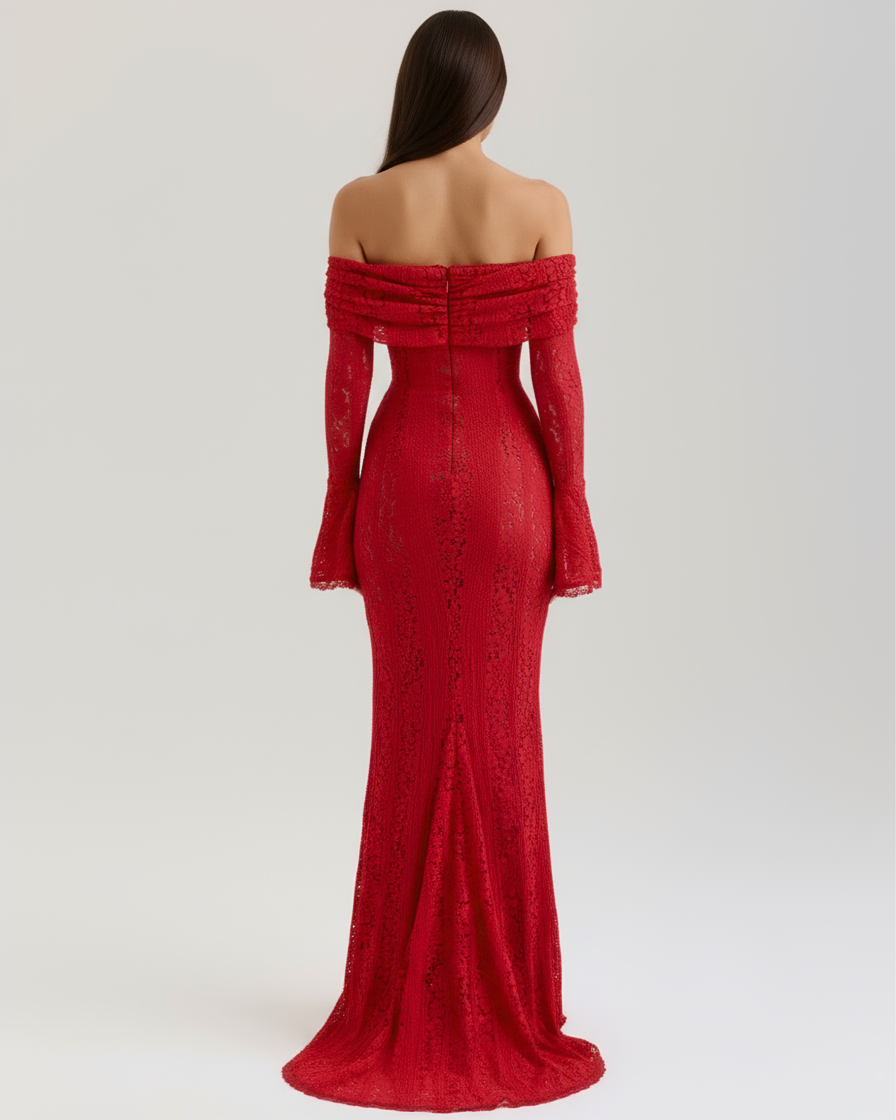 Red Stretch Floral Lace, Off-Shoulder Boned Bodice, Evening Wear