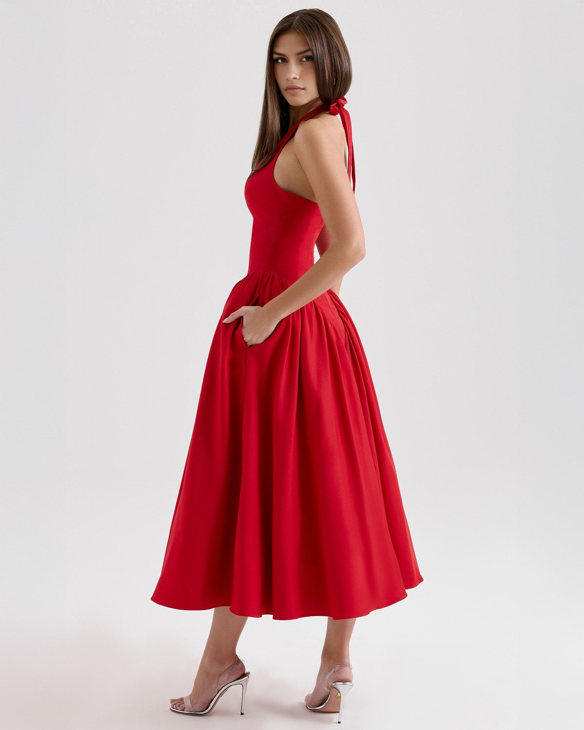 Monroe halter tulle midi summer evening dress - White