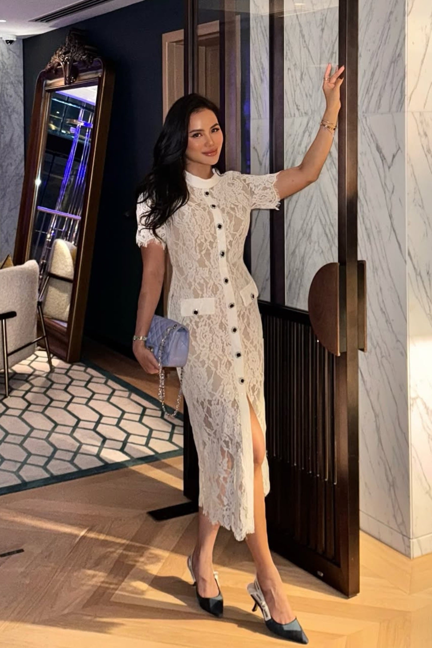 Elegant Short Sleeve Lace Dress With Matching Waist Belt - White