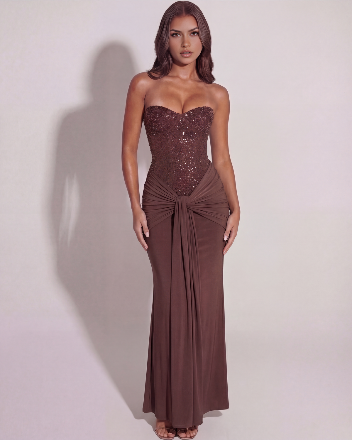 Plum-Brown Embellished Mesh, Strapless, Black-Tie Events