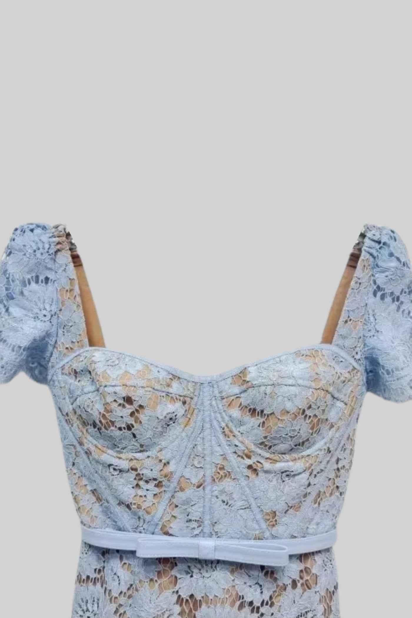 Short Sleeved Lace Dress With Delicate Matching Waist Belt - Blue