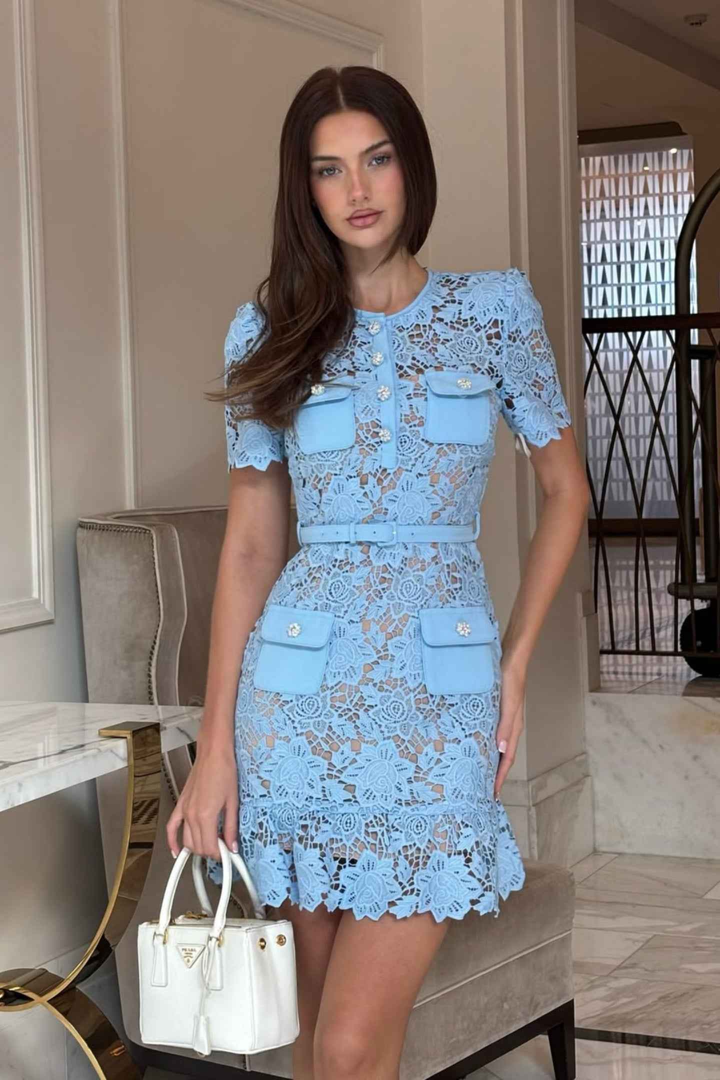 Short Sleeve Embroidered Floral Dress - Blue