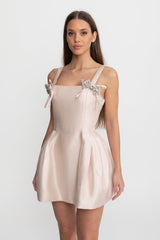 Satin Mini Dress with Crystal Bow Strap Detail Blush