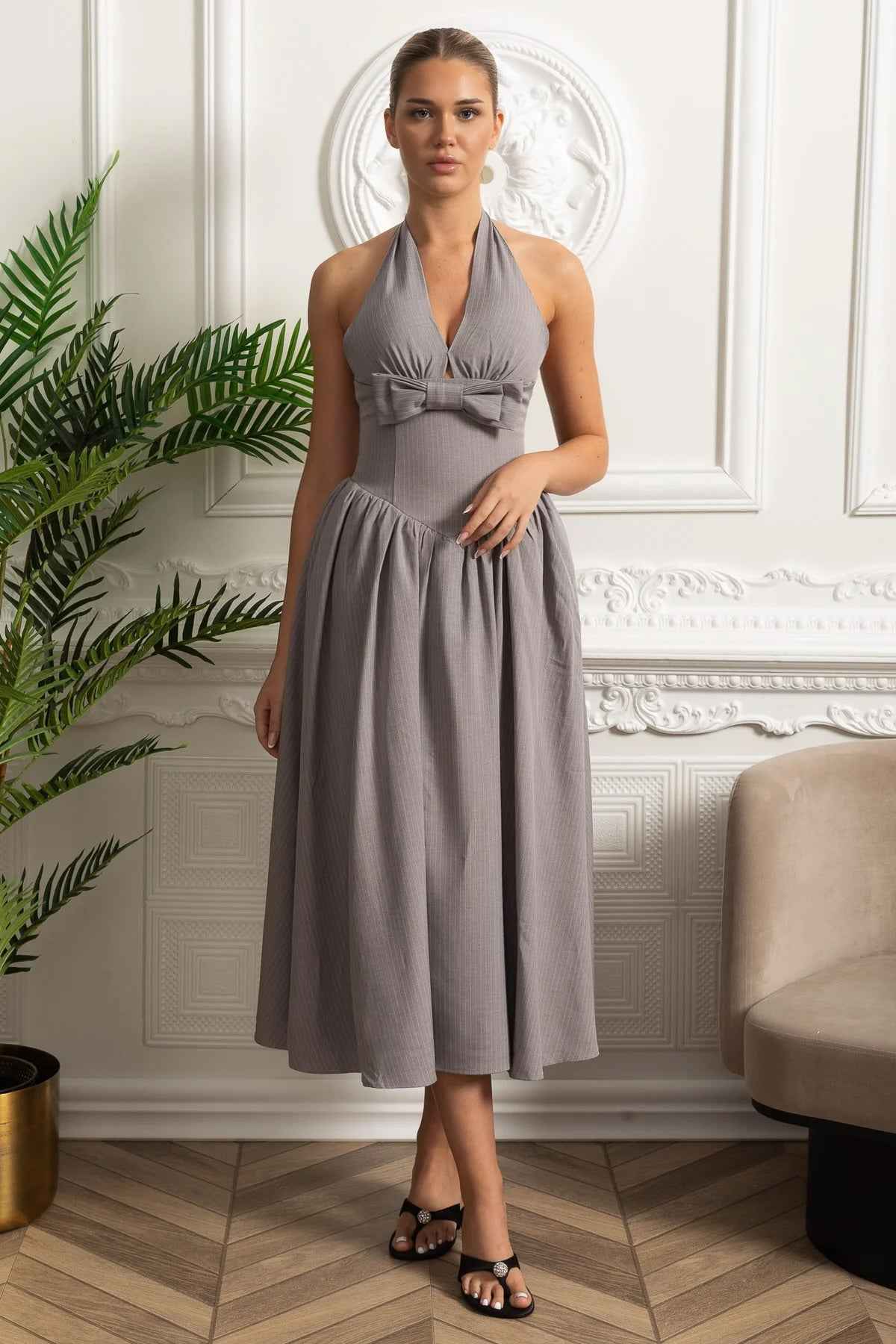 Halterneck Midi Dress With Bow Detail And Gathered Skirt - Gray