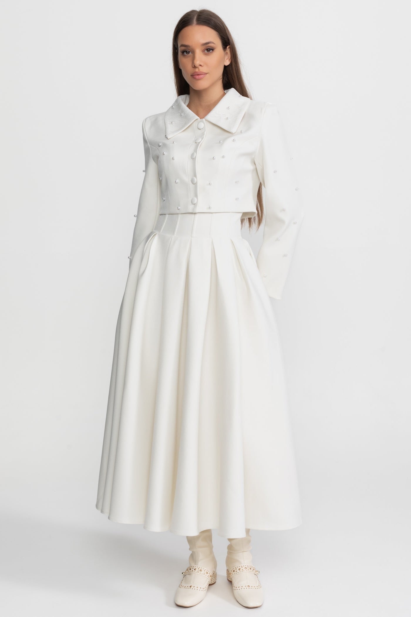 Pearl-Embellished Co-Ord Set with Cropped Jacket and Full Skirt White