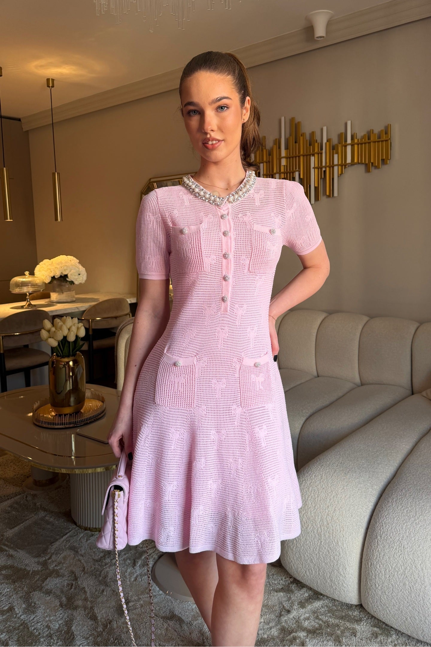 Textured Short Sleeve Mini Dress With Pearl Trim Neckline And Crystal Buttons - Pink