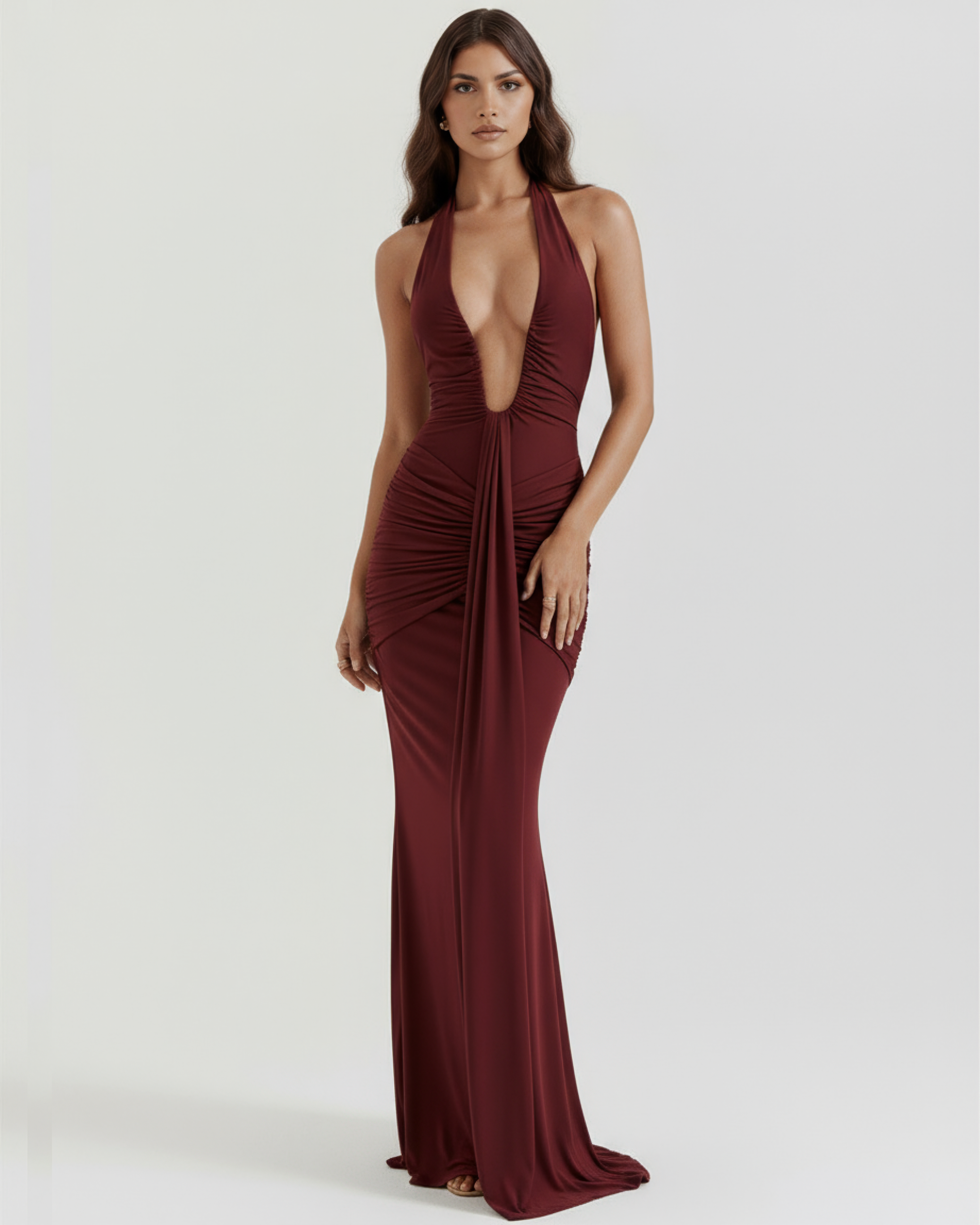 Burgundy Halter Neck, Ruched Details, Glamorous Events