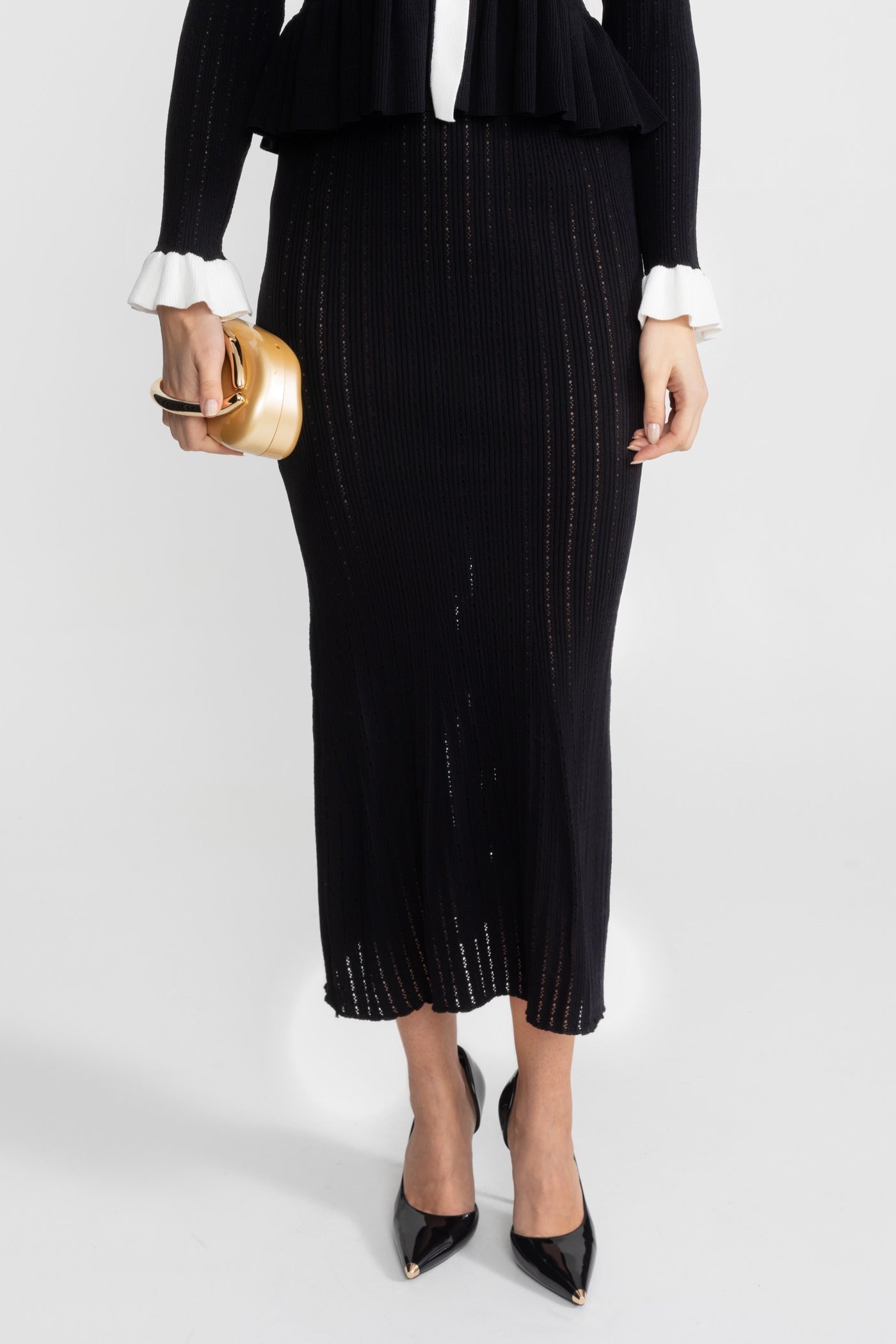 Pointelle Knit Midi Co-Ord with Contrast Trim Black