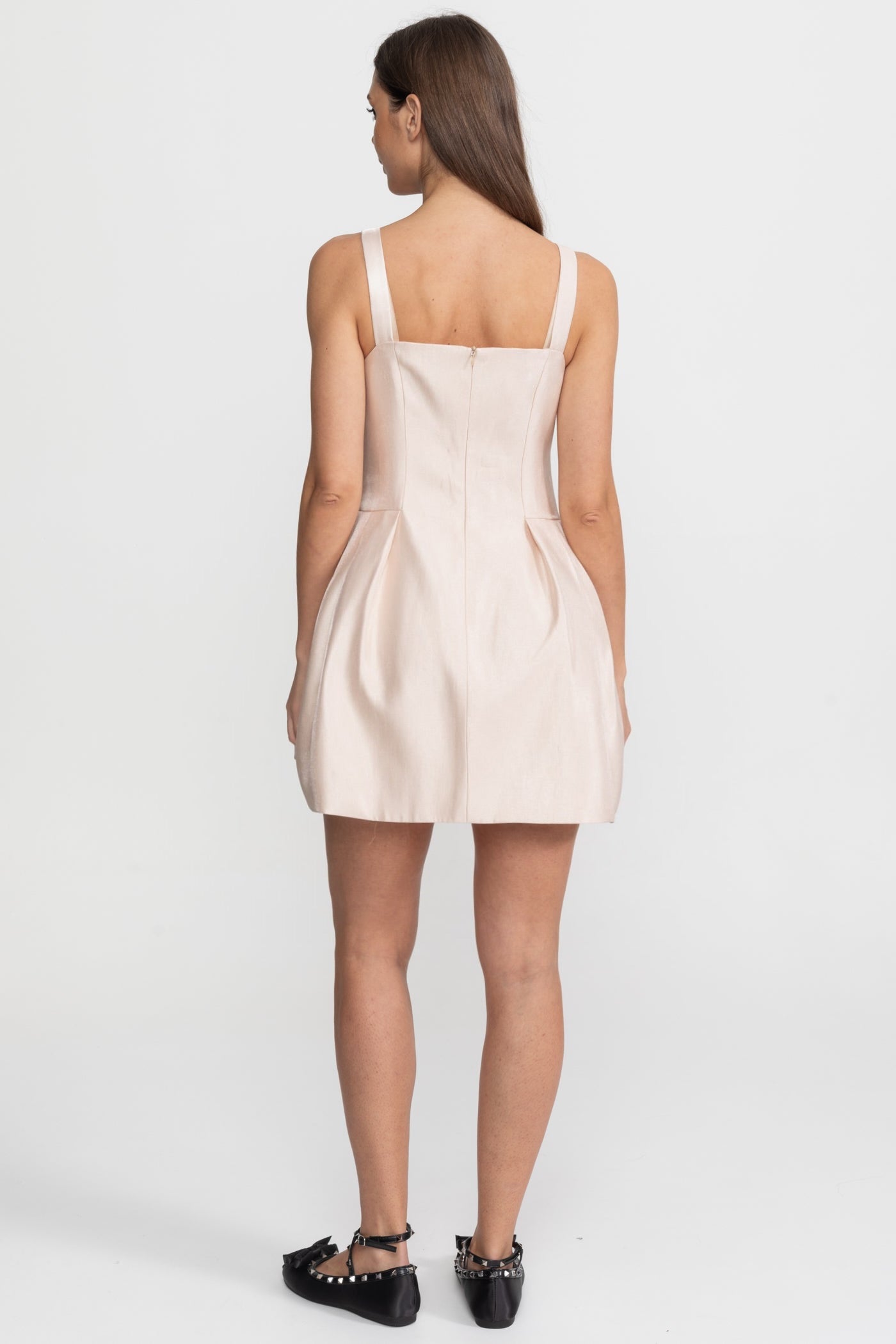 Satin Mini Dress with Crystal Bow Strap Detail Blush