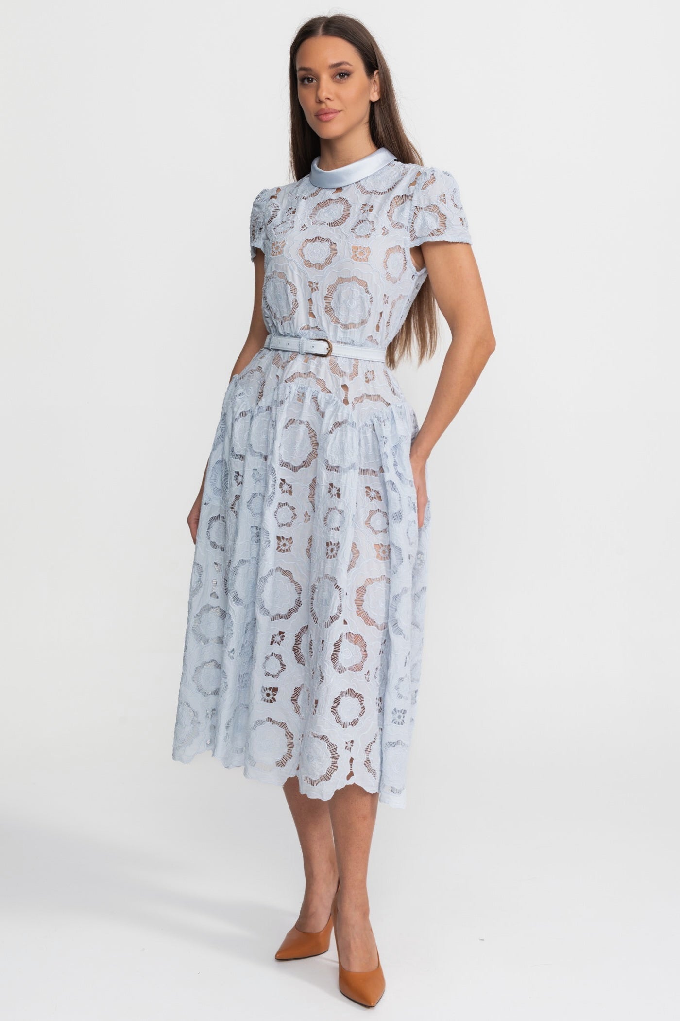 Floral Lace Midi Dress with Belted Waist Light Blue