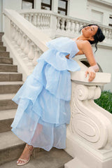 STRAPLESS TIERED MIDI PARTY OCCASION DRESS