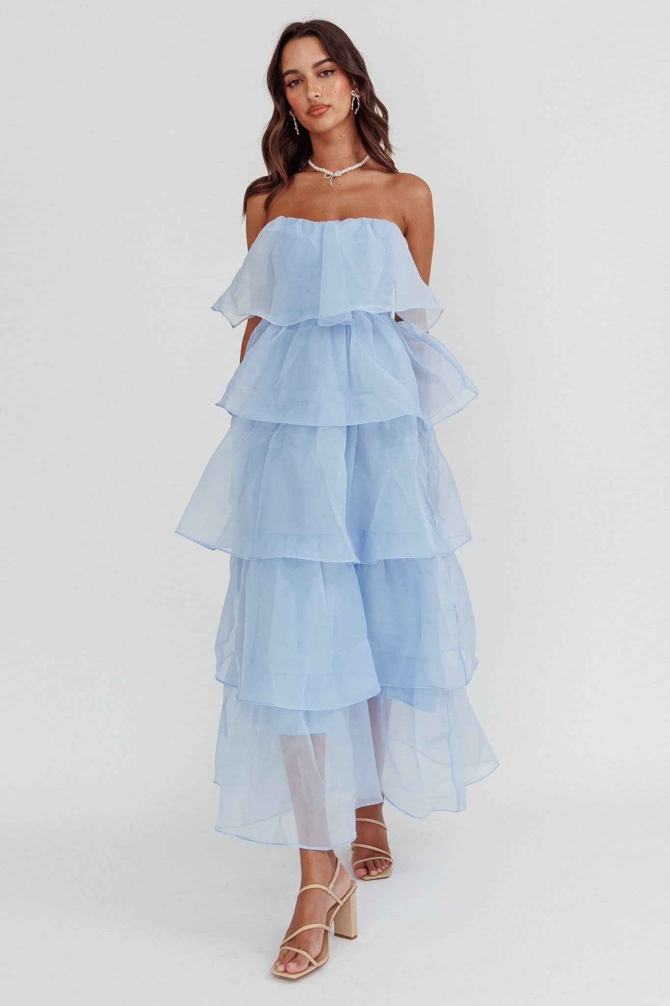 STRAPLESS TIERED MIDI PARTY OCCASION DRESS