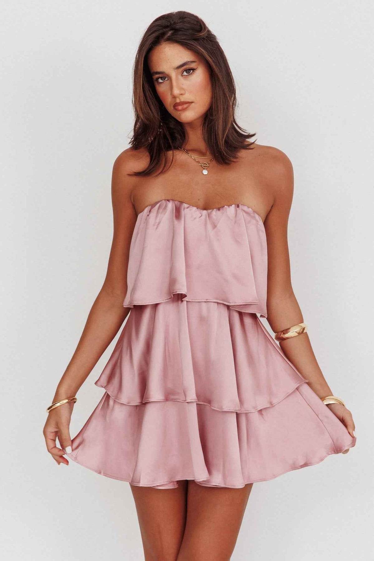 STRAPLESS TIERED MINI WEDDING GUEST PARTY DRESS