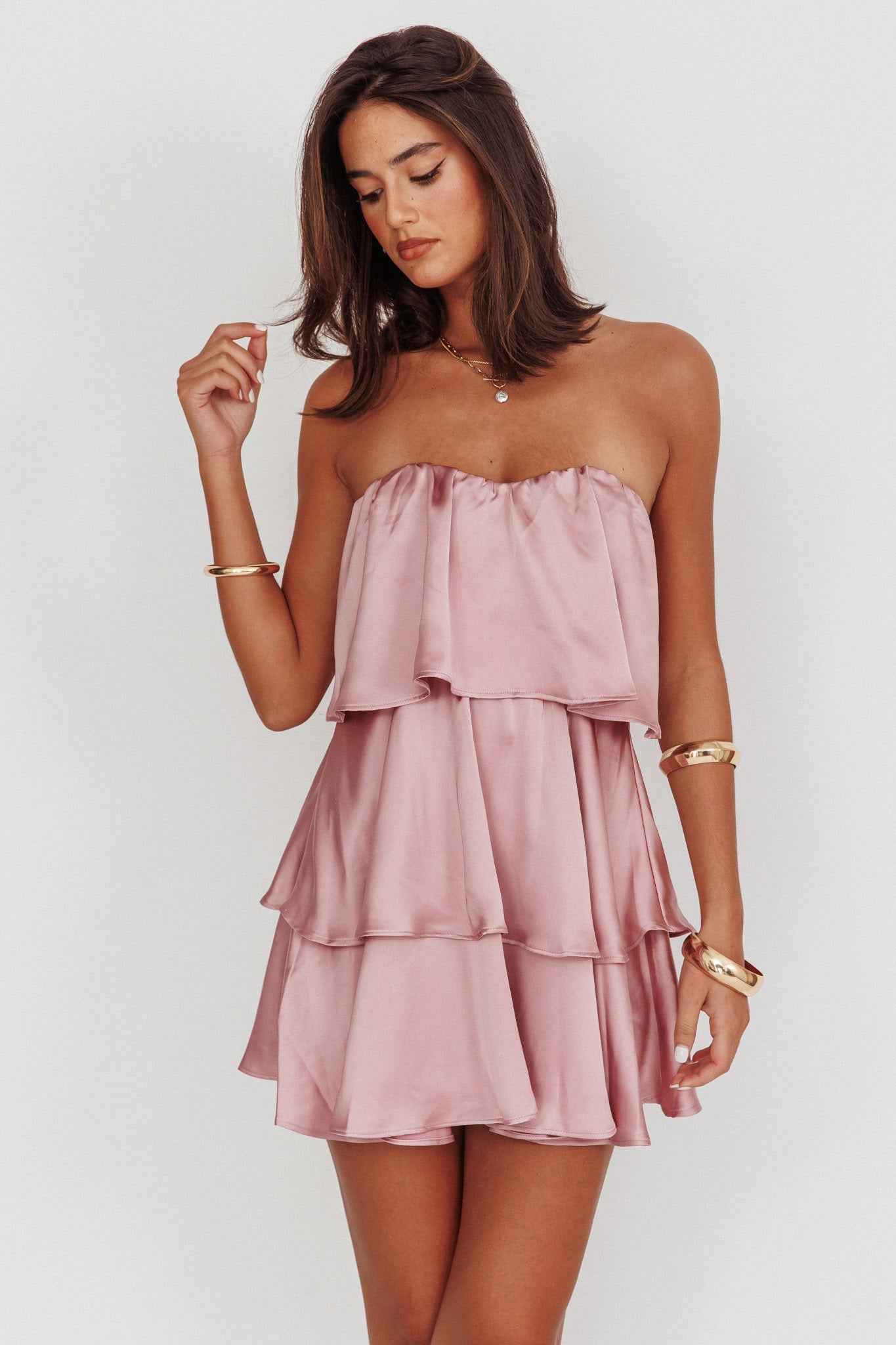 STRAPLESS TIERED MINI WEDDING GUEST PARTY DRESS