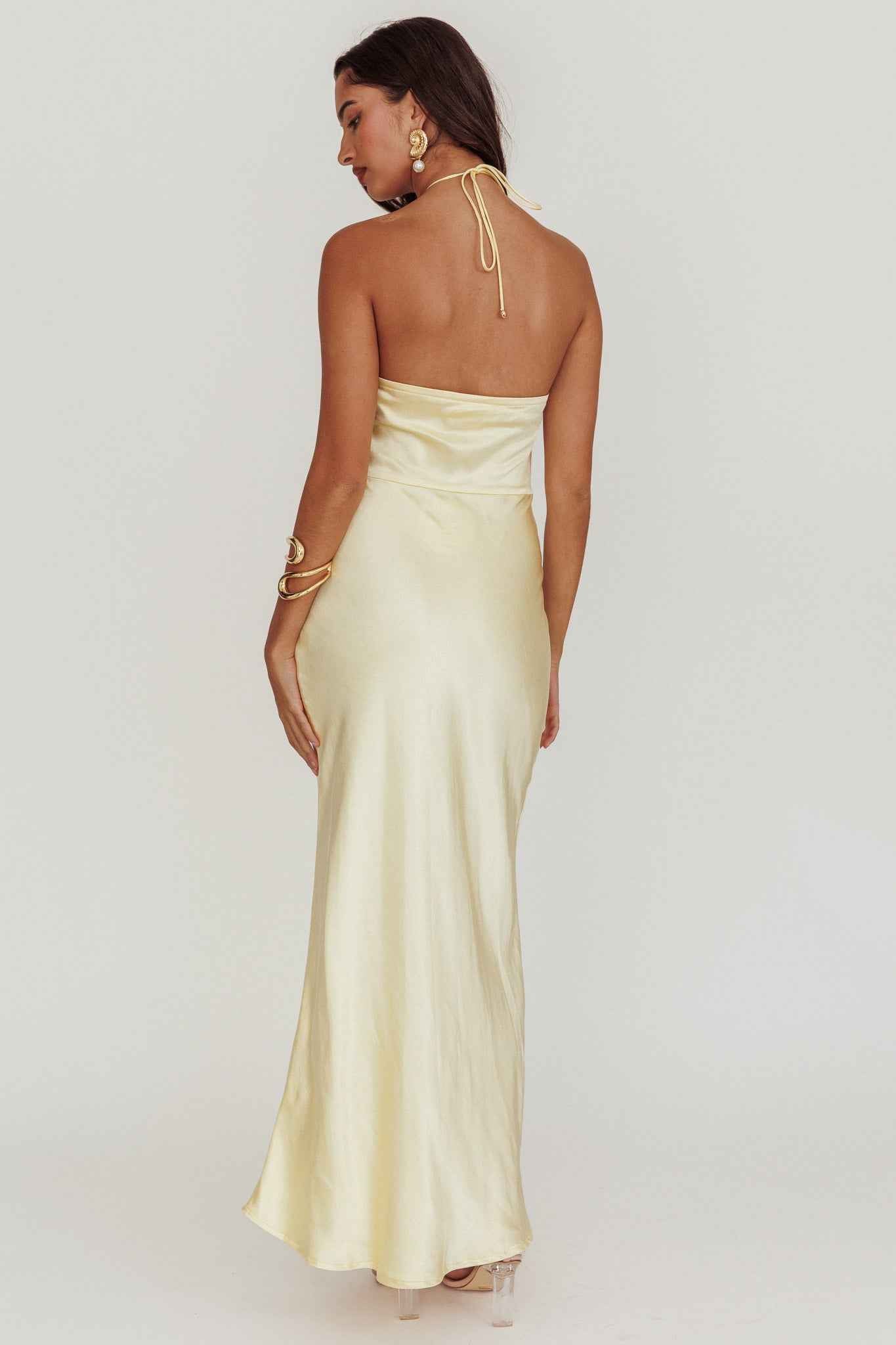 SATIN HALTERNECK MAXI WEDDING GUEST DRESS