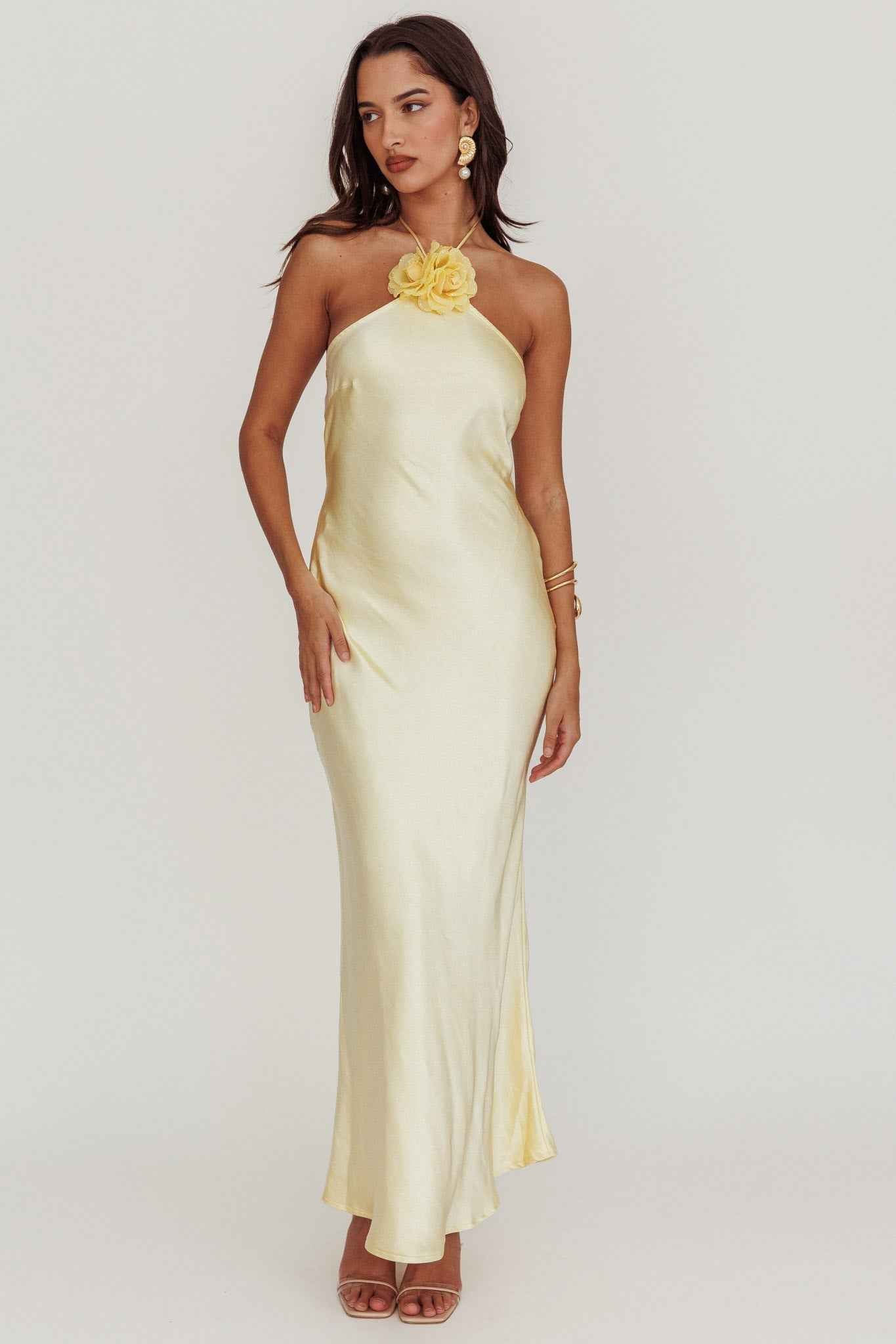SATIN HALTERNECK MAXI WEDDING GUEST DRESS
